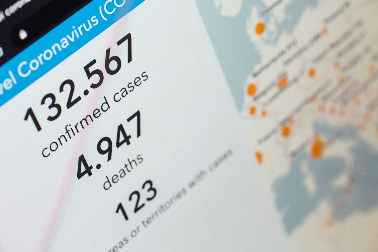 Screen displaying COVID-19 cases and deaths statistics with map.